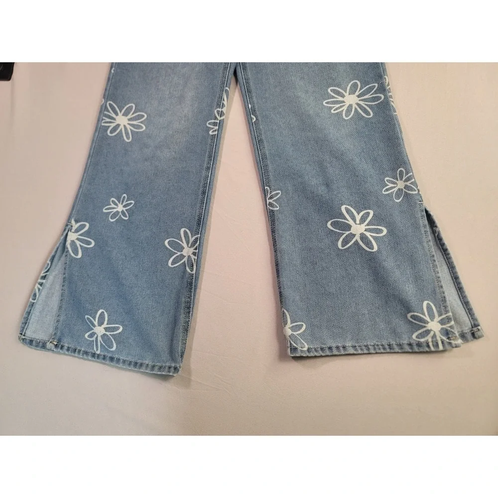 Justice Girls Daisy Print Wide Leg Jeans Size 14 Light Wash Y2K Retro Floral